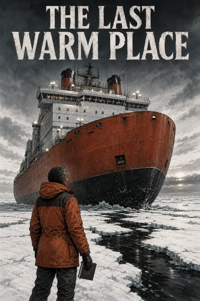 Cover of The Last Warm Place: a figure in an orange parka stands on broken sea ice, looking up at the rust-red hull of a nuclear icebreaker under a dark Arctic sky.